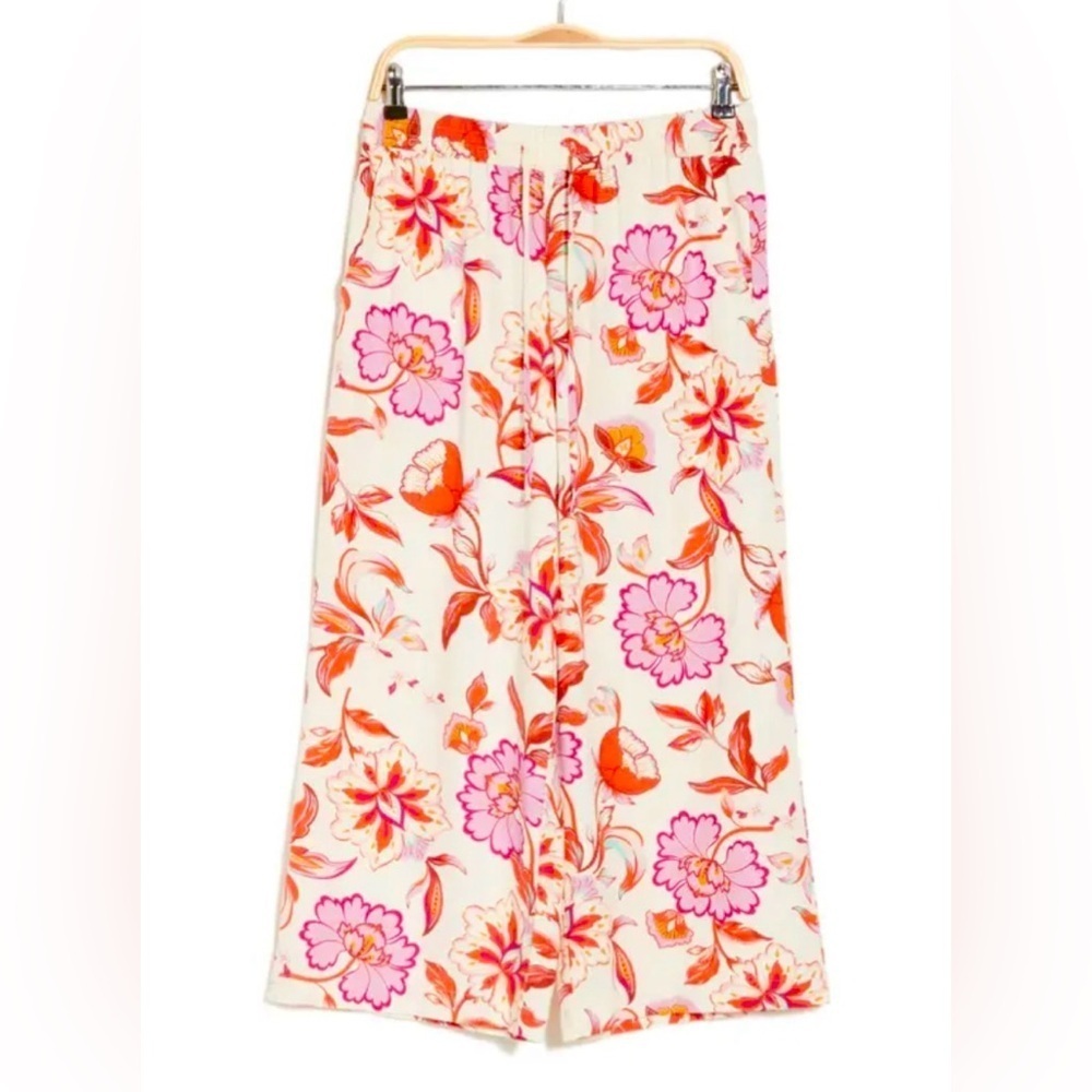 Laundry by Shelli Segal Linen blend wide leg pants Women S Floral Pull on Crop
